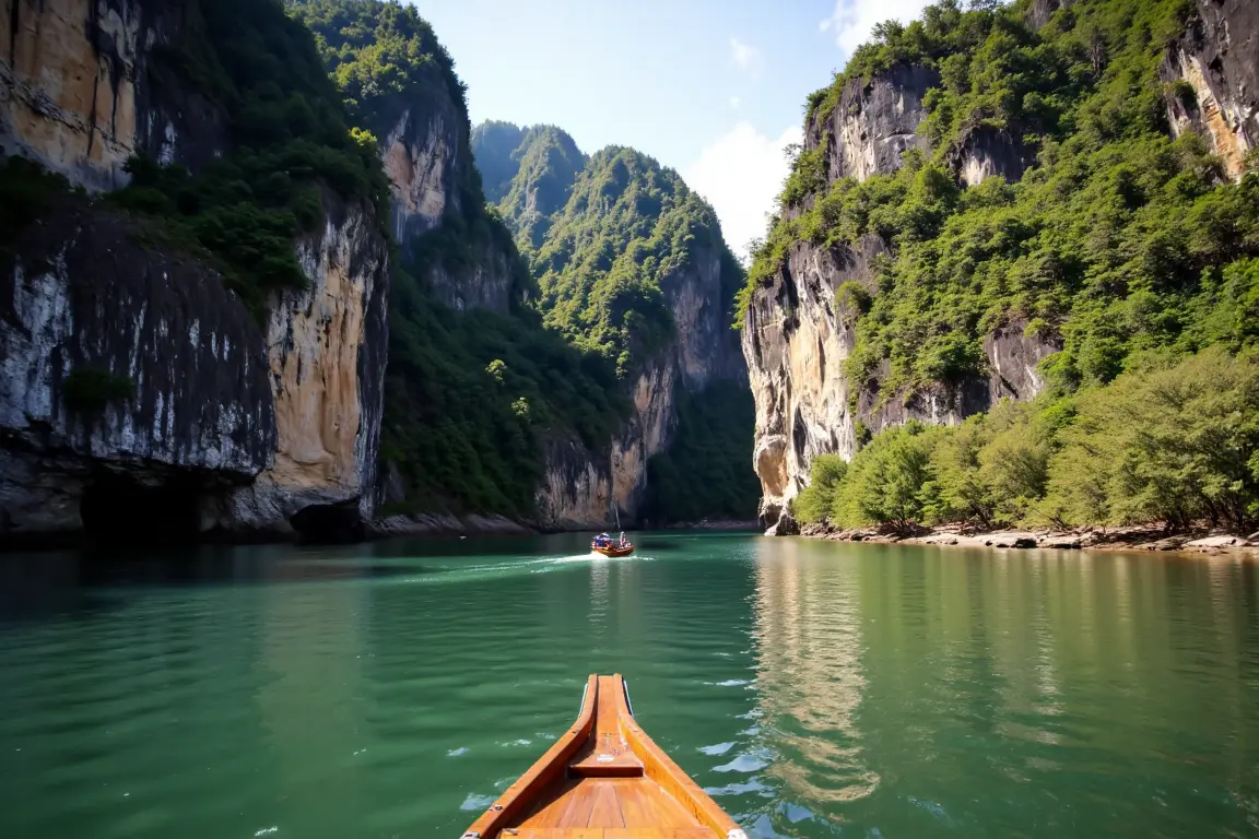 A boat explores the stunning entrance of Phong Nha Cave in Phong Nha Ke Bang National Park, Central Vietnam.