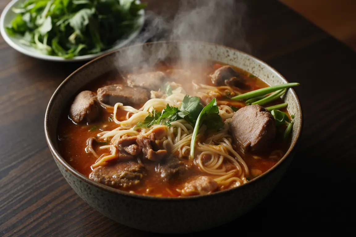A delicious, steaming bowl of Bun Bo Hue noodles, showcasing the signature spicy cuisine of Central Vietnam.