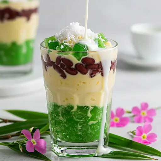 A glass of layered Vietnamese Chè Ba Màu dessert with coconut milk being poured over the top