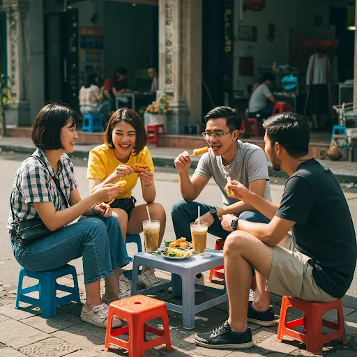 A group of young friends sitting on low plastic stools on a sidewalk, happily eating snacks and drinking beverages.