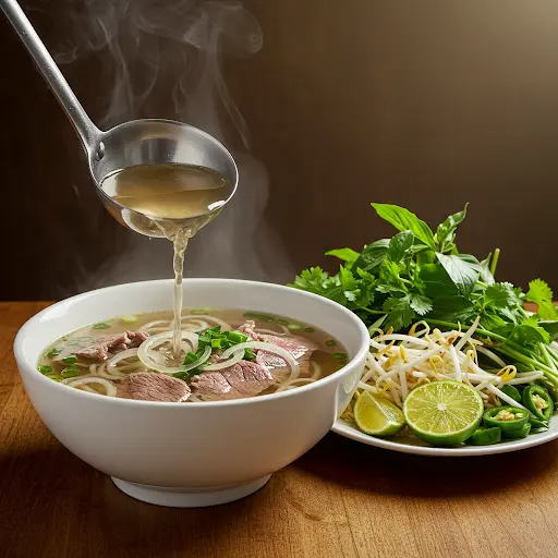 A ladle pours steaming hot broth into a white bowl of Vietnamese Pho Bo (beef noodle soup), alongside a plate of fresh garnishes like herbs, bean sprouts, and lime on a wooden table.