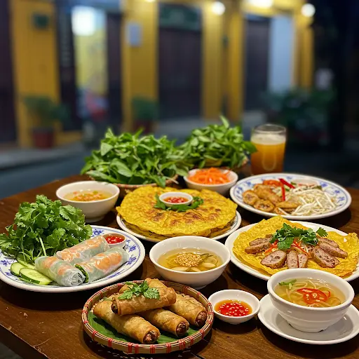 A plentiful table spread of various signature Vietnamese dishes including Banh Xeo (crispy crepes), Goi Cuon (fresh spring rolls), Cha Gio (fried spring rolls), fresh herbs, and dipping sauces.