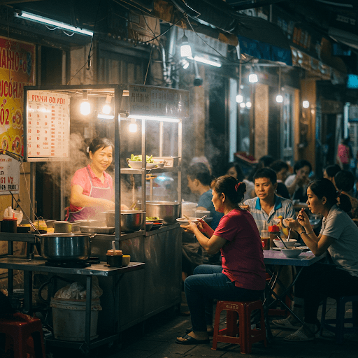 A street food vendor cooks at her illuminated stall at night while customers sit and eat at nearby tables