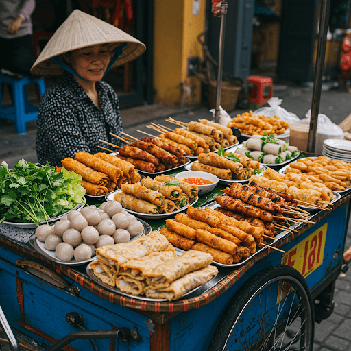 A street vendor wearing a conical hat sells various Vietnamese snacks from a food cart
