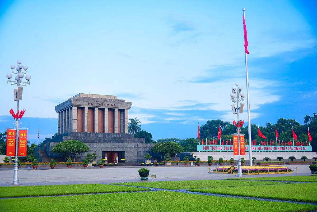 Ba Dinh Square in Hanoi, with the Ho Chi Minh Mausoleum in the distance, representing Vietnam's administrative center and government seat.
