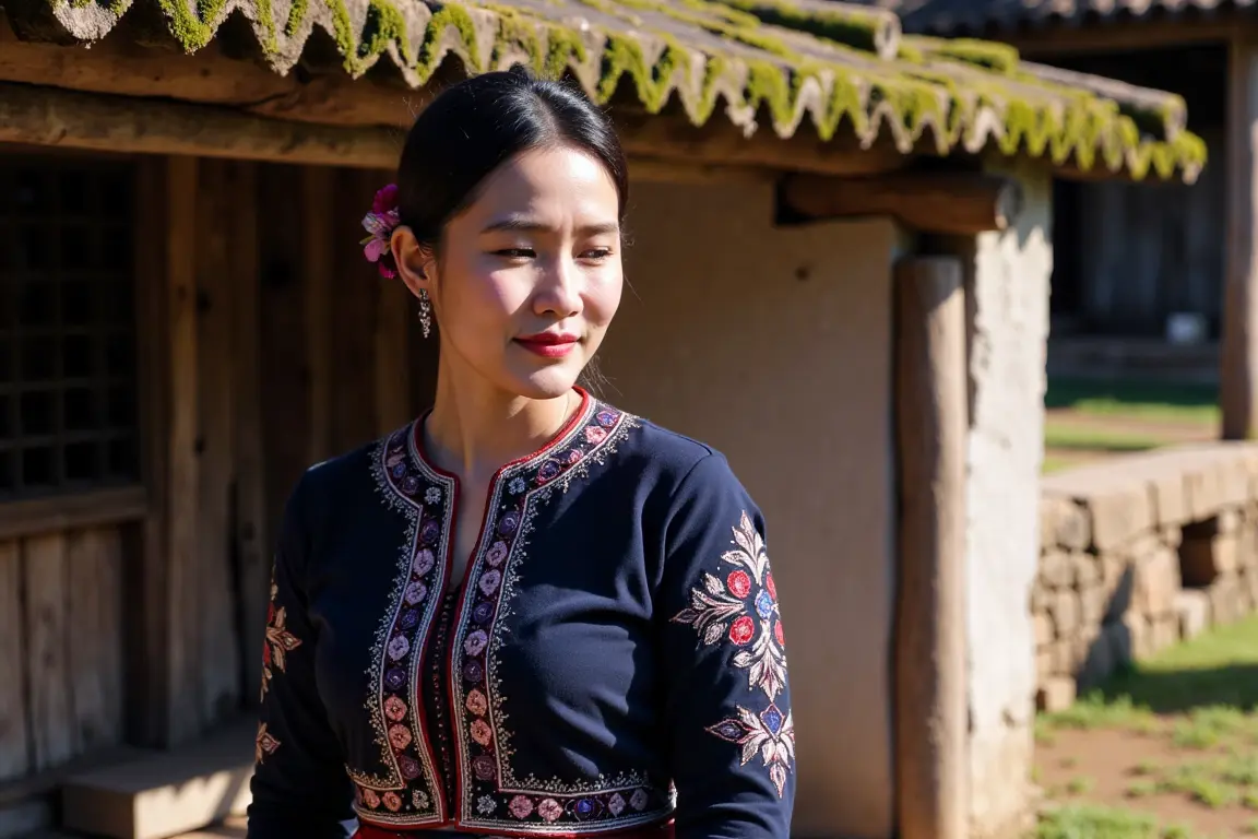 Black Hmong woman in traditional embroidered indigo clothes standing near a wooden house in her village, Sapa region, Vietnam.