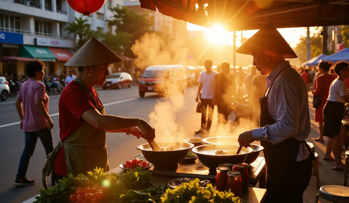 Busy Hanoi street food vendor preparing steaming bowls of Pho at dusk, showcasing Vietnamese culture and cuisine.