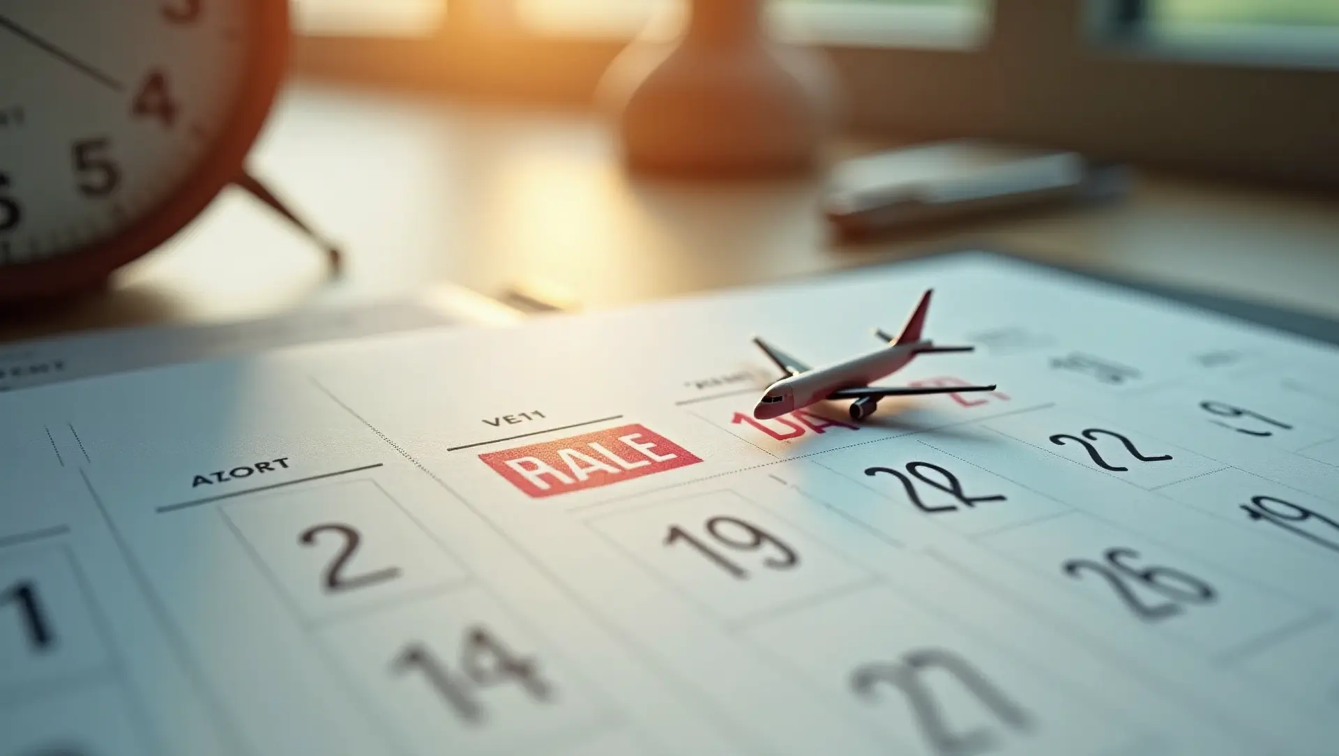 Calendar page with marked dates and airplane sticker symbolizing visa processing time and stay duration.