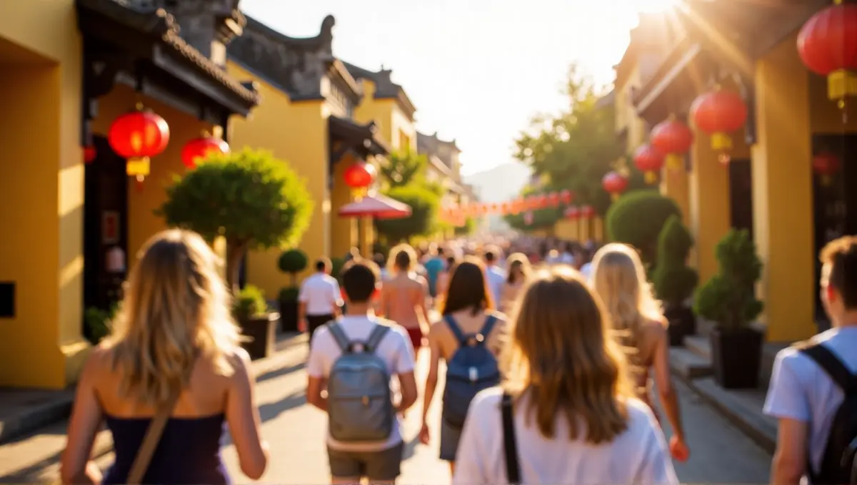 Cheerful travelers enjoying a walk through sunlit Hoi An Ancient Town, representing a positive travel experience in a popular Vietnam destination during recommended months.