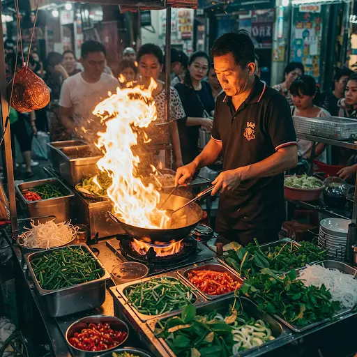 Chef cooking with a fiery wok at a crowded Asian street food market at night