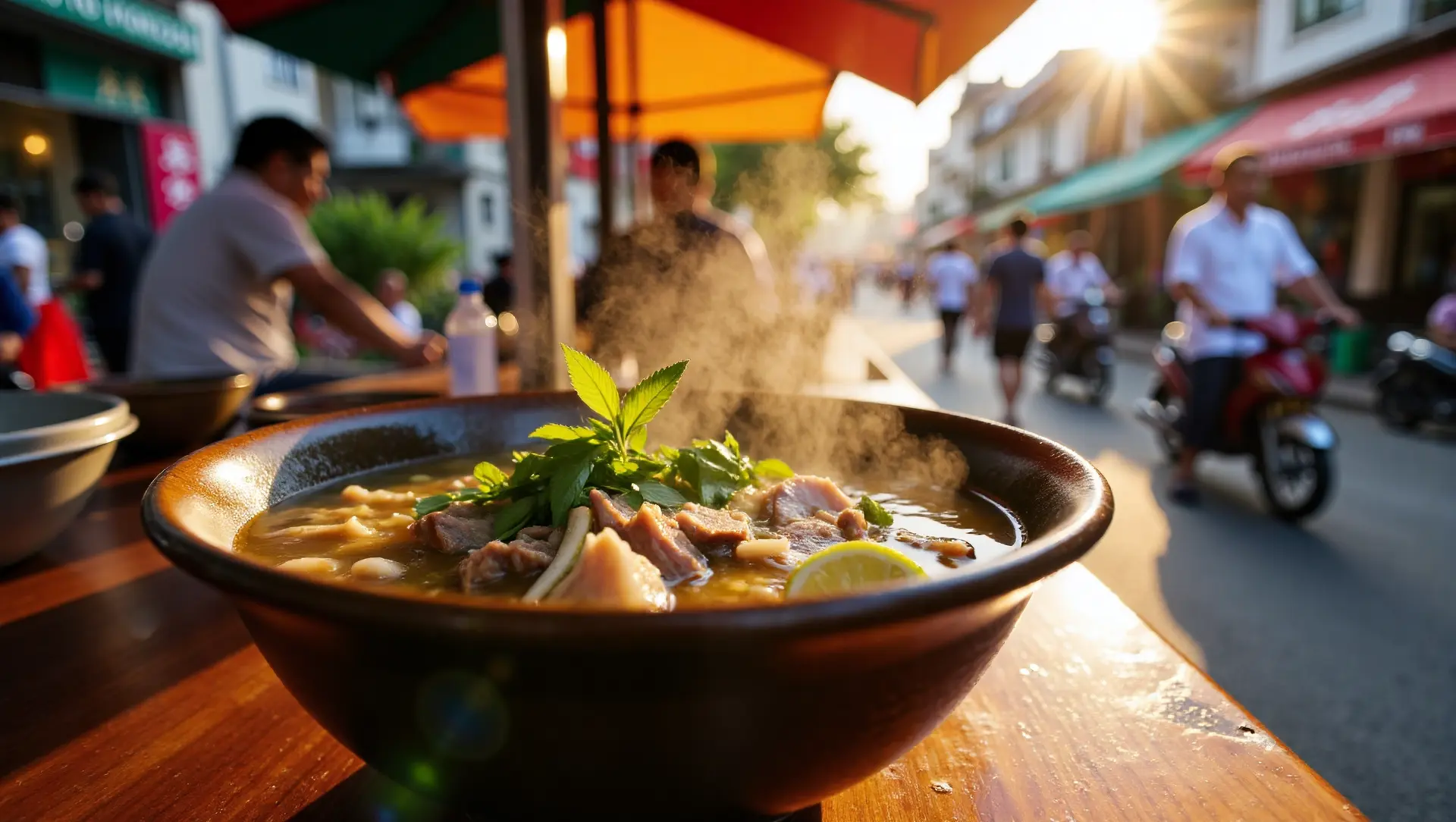 Close-up of a steaming bowl of Vietnamese Pho noodle soup at a street food stall in Hanoi.