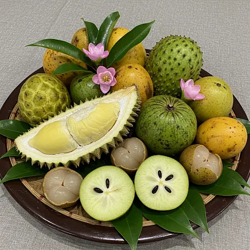 Close-up of a tropical fruit arrangement with halved durian, green soursop, custard apple, star apples showing seeds, and longans on a tray