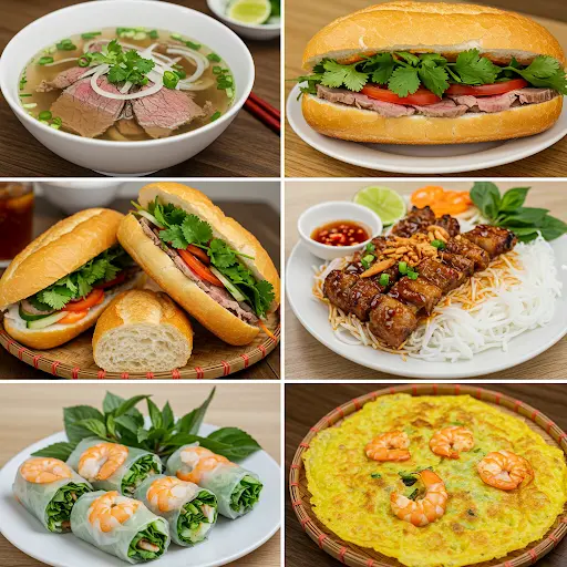 Collage of 6 popular Vietnamese dishes Beef Pho, Banh Mi sandwich, Bun Cha (grilled pork with noodles), Goi Cuon (summer rolls), and Banh Xeo (savory crepe
