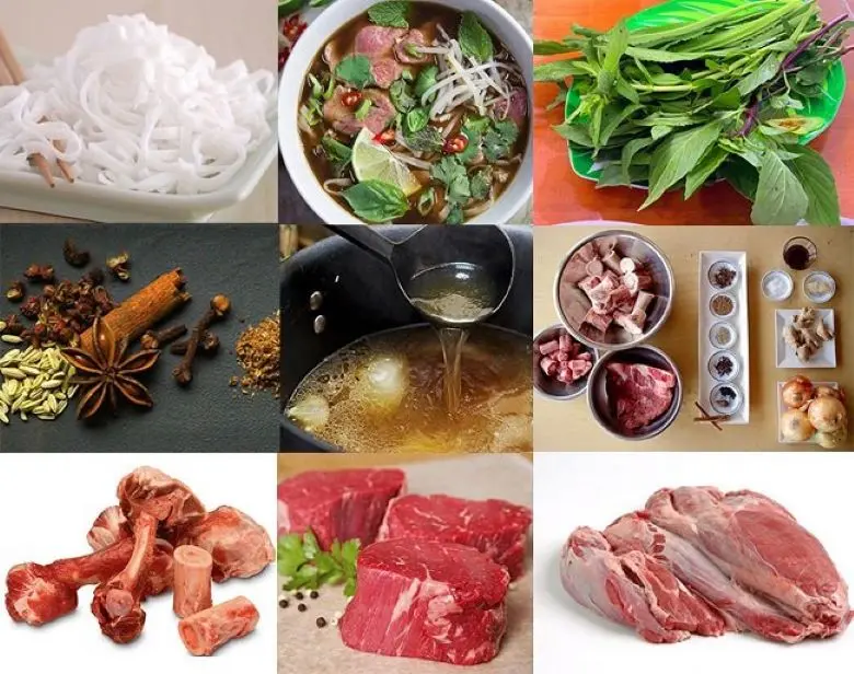 Collage of ingredients and components for making beef pho.