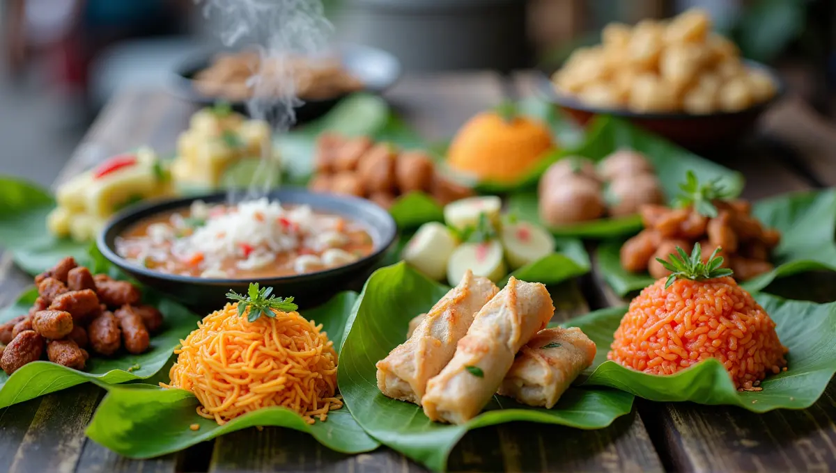 Colourful and diverse Vietnamese street food items arranged appealingly on banana leaves at a market stall.