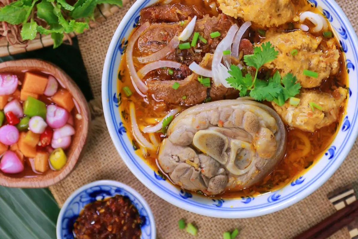 Delicious bowl authentic Bun Bo Hue cuisine Hue Vietnam.