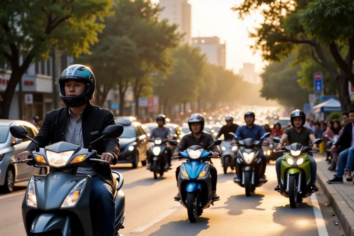 Dense daytime traffic scene in Hanoi with numerous motorbikes navigating a busy street, illustrating travel conditions relevant for planning.