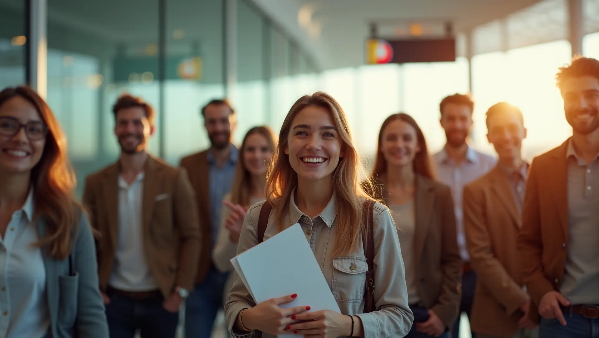 Diverse international travelers checking document eligibility at airport departure lounge.