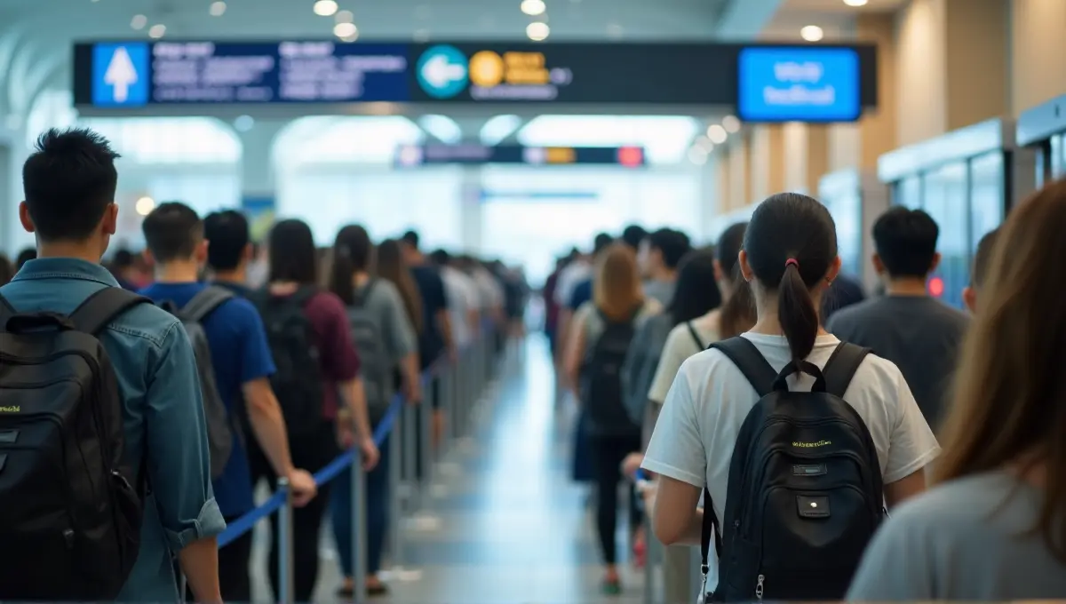 Diverse passengers queuing patiently at immigration control counters inside a modern Vietnam airport arrival hall.