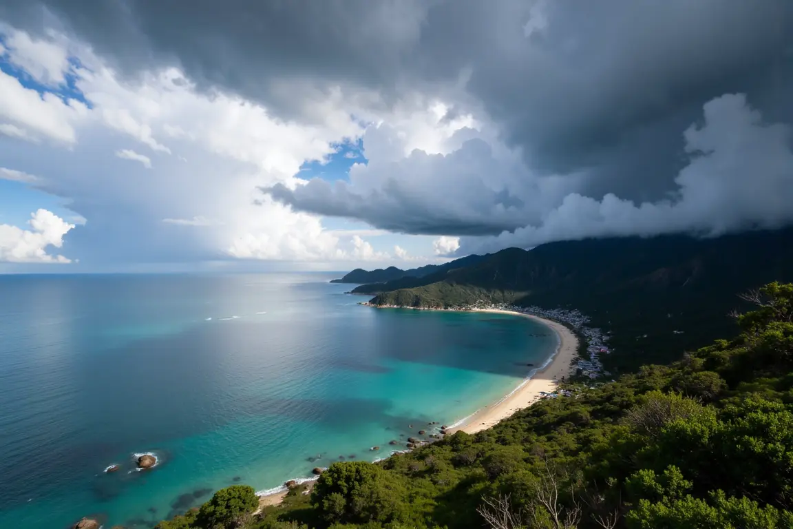 Dramatic monsoon clouds gather over Lang Co Bay, illustrating seasonal weather considerations for travel in Central Vietnam.