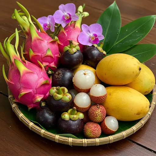 Fresh tropical Vietnamese fruits platter with dragon fruit, mangosteen, mangoes, and lychees