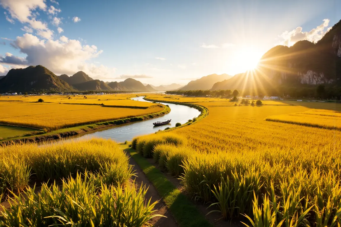 Golden rice fields during harvest season surrounded by karsts in Tam Coc, Ninh Binh Vietnam.