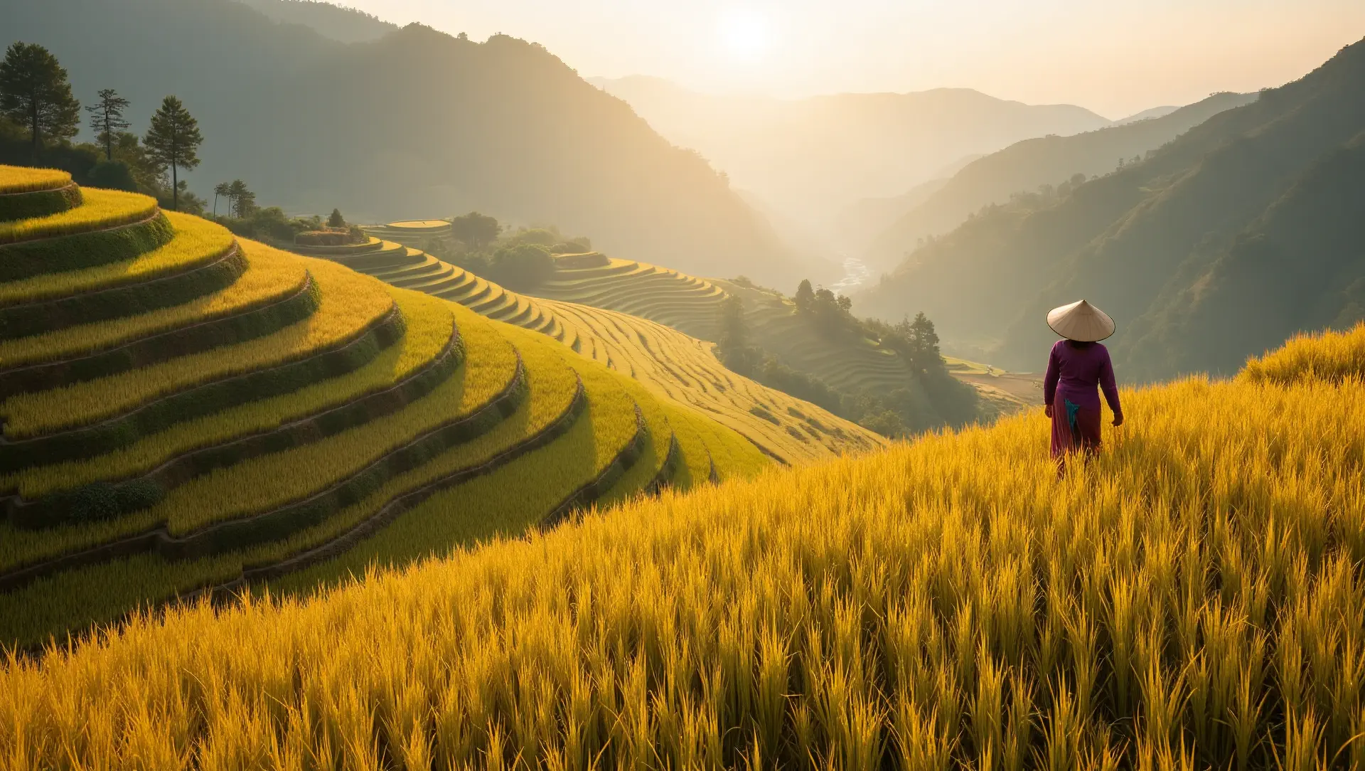 Golden rice terraces in Sapa during harvest season, illustrating the picturesque seasonal beauty relevant for Vietnam travel planning