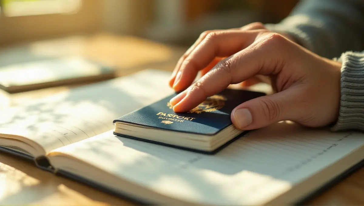 Hand placing a passport onto a travel journal page bathed in warm sunlight, symbolizing visa and Vietnam to Travel planning preparation.