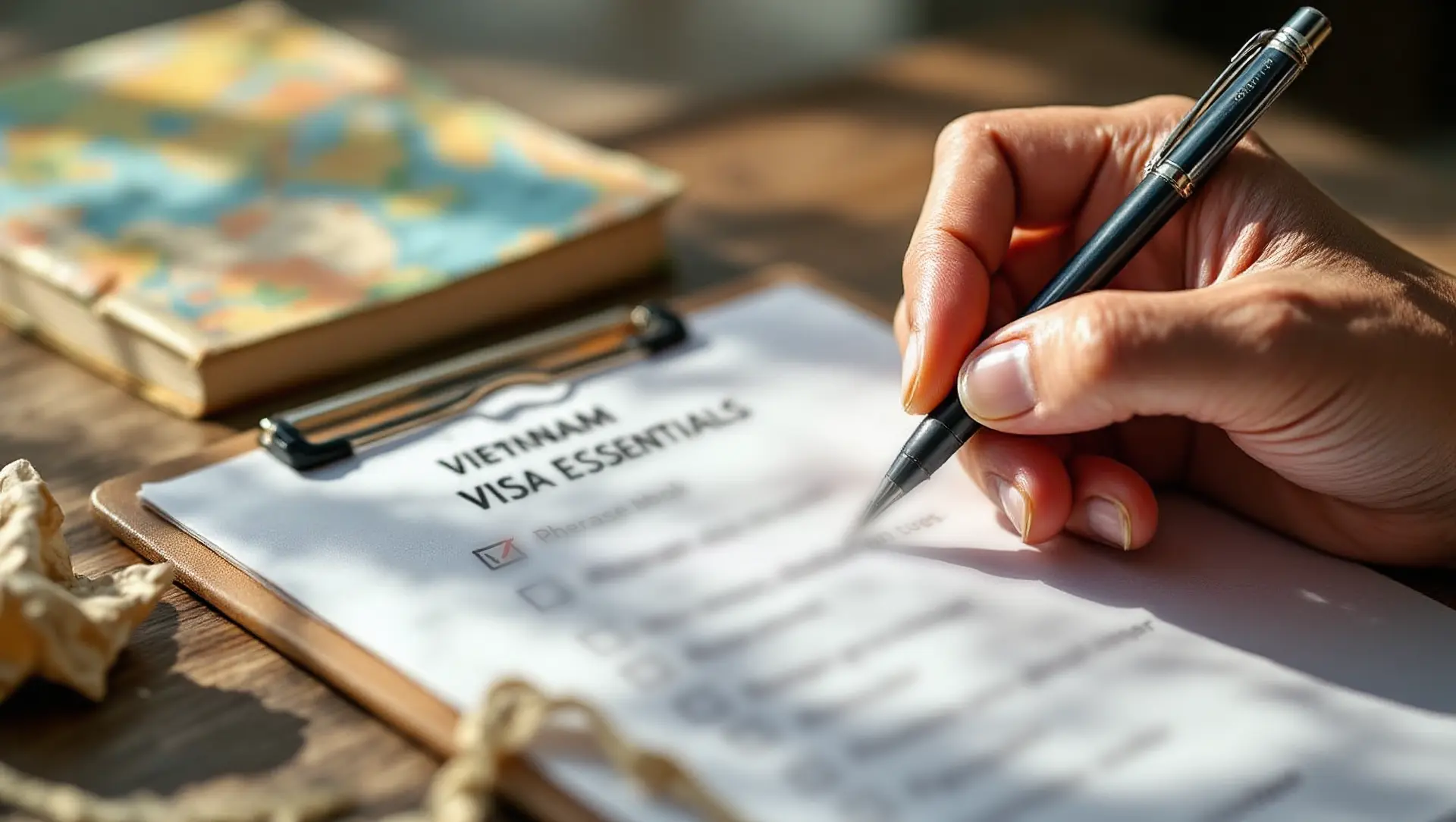 Hand writing on a Vietnam visa checklist, representing essential tips and common questions.