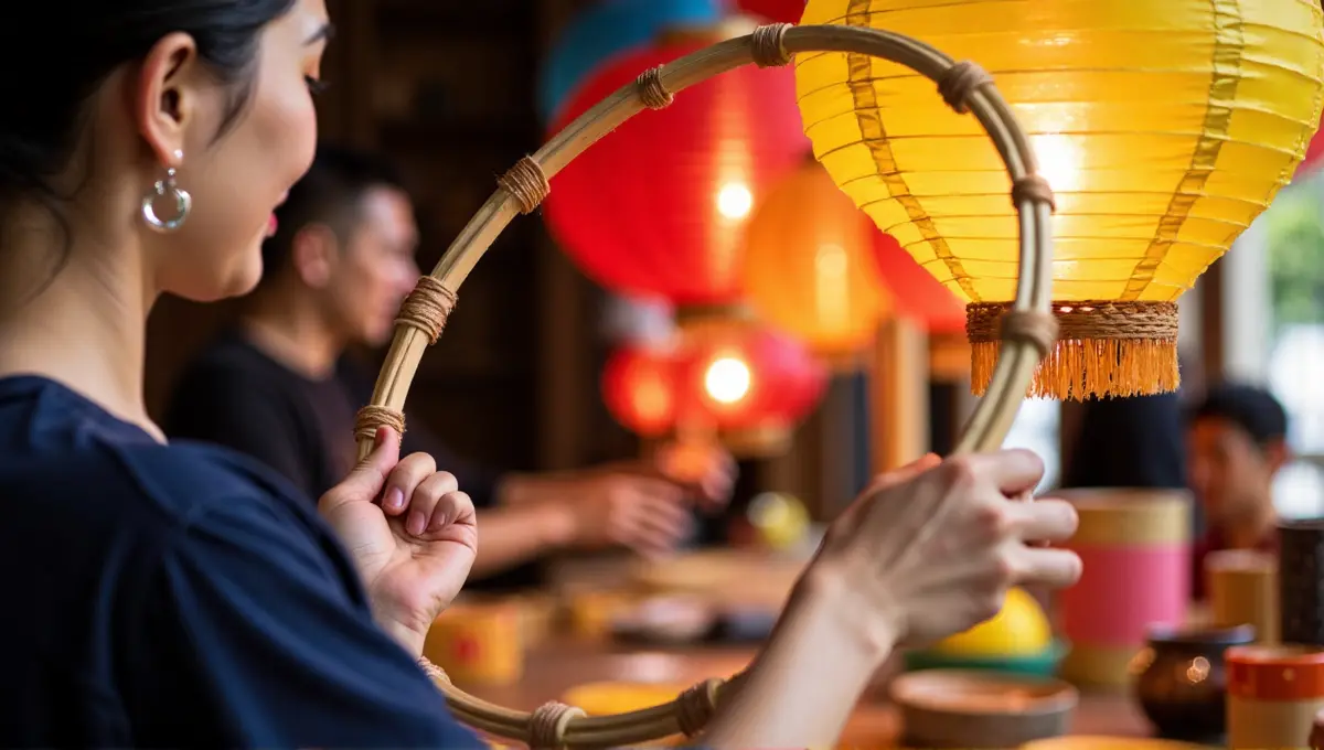 Hands carefully assembling a colorful silk and bamboo lantern frame in a Hoi An workshop, representing cultural activities.