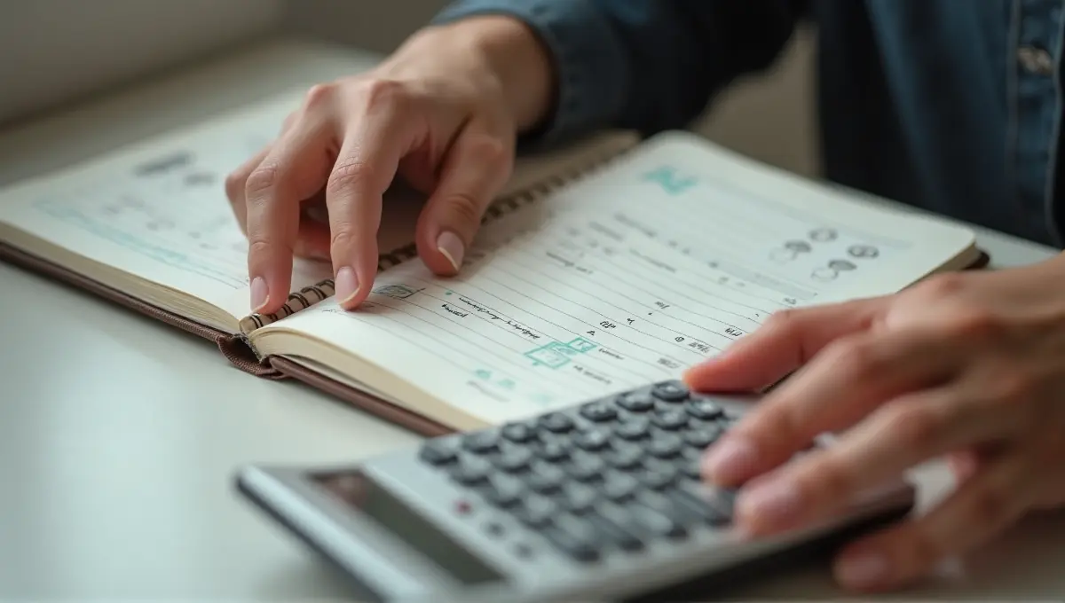 Hands using a calculator next to a notebook with simple budget category icons, representing the process of estimating Vietnam travel costs.