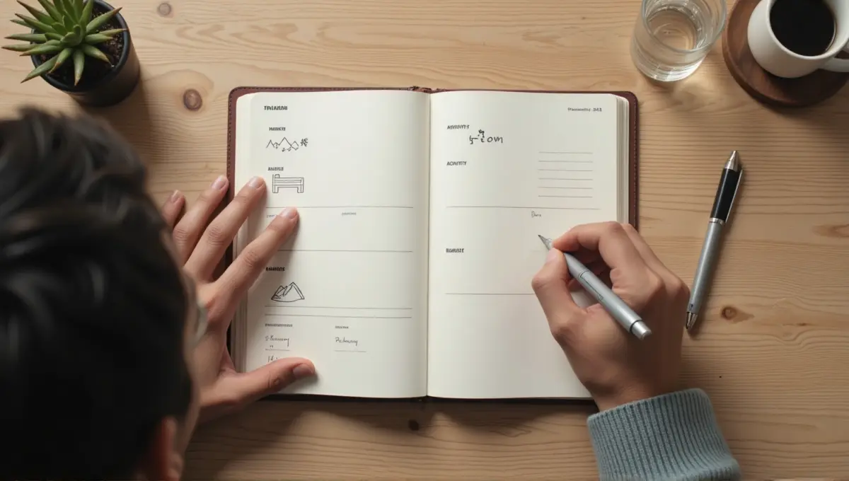 Hands writing and organizing notes with simple icons in a travel journal on a wooden table, representing personalized itinerary planning.