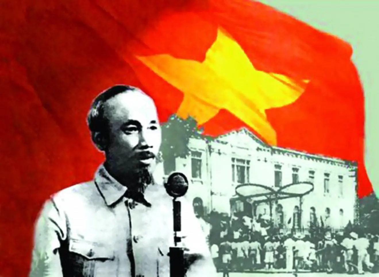 Ho Chi Minh reading the Declaration of Independence to a large crowd in Ba Dinh Square, Hanoi, 1945, marking the formation of North Vietnam.