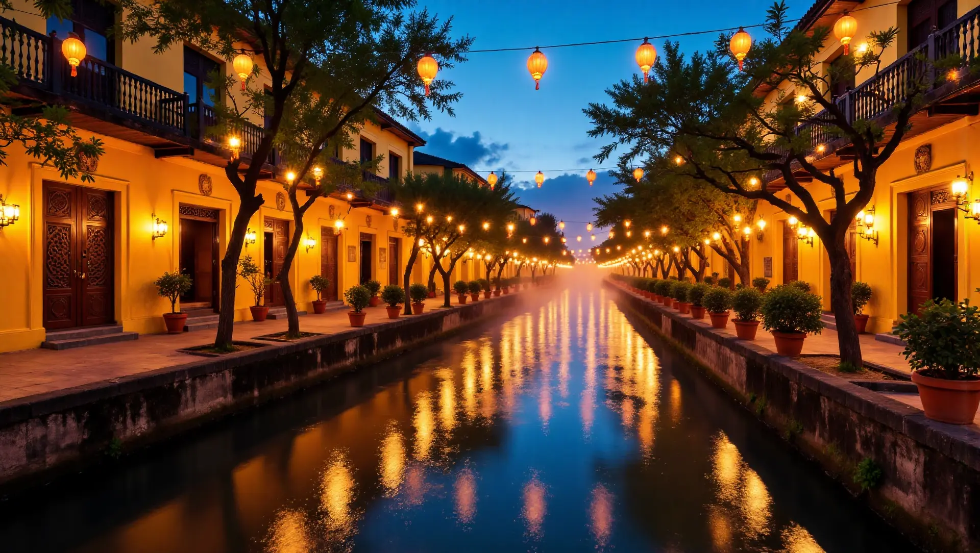 Hoi An Ancient Town street at dusk with glowing silk lanterns reflecting on the canal, showcasing Vietnam travel's cultural charm.