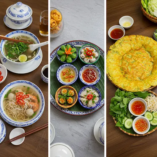 Image showcasing the variety of Vietnamese cuisine in a three-panel collage, from hot Pho soup and delicate small plates and rolls, to a crispy Banh Xeo crepe served with fresh herbs.