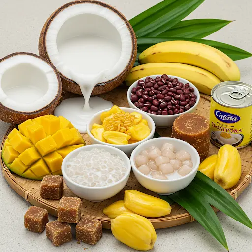 Ingredients for Vietnamese desserts including coconut, mango, jackfruit, beans, palm sugar, and tapioca pearls on a woven tray