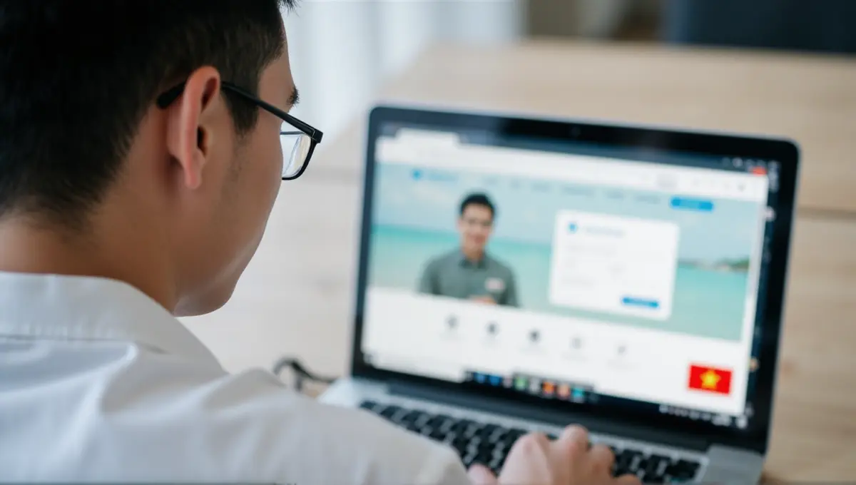 Over-the-shoulder view of someone using a laptop displaying a generic, official-looking website interface, representing the official Vietnam e-visa portal.