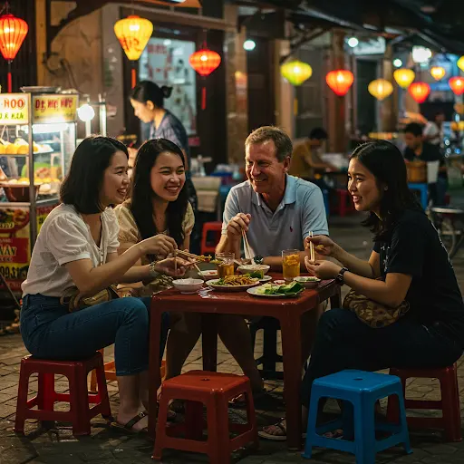 People enjoying a lively street food dinner experience in Vietnam at night