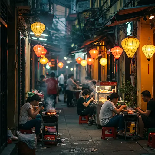 People enjoying grilled street food in a lantern-lit alley in Vietnam at night