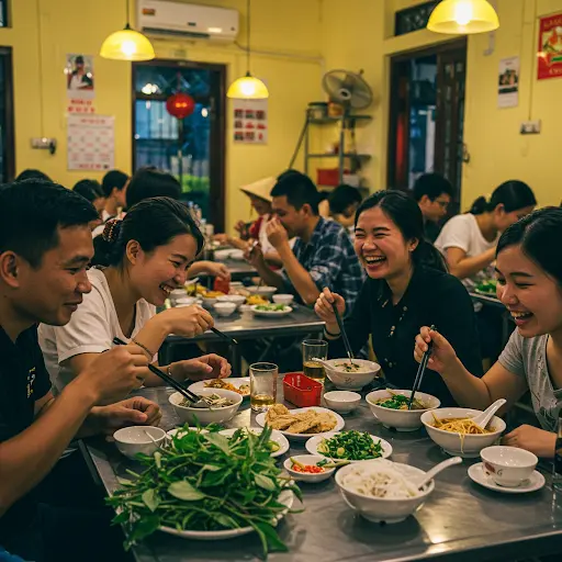 People happily eating Vietnamese food together in a restaurant wp
