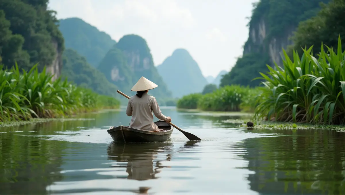 Person paddling a small boat on a calm river amidst lush greenery and distant karst formations in Vietnam, representing diverse attractions.