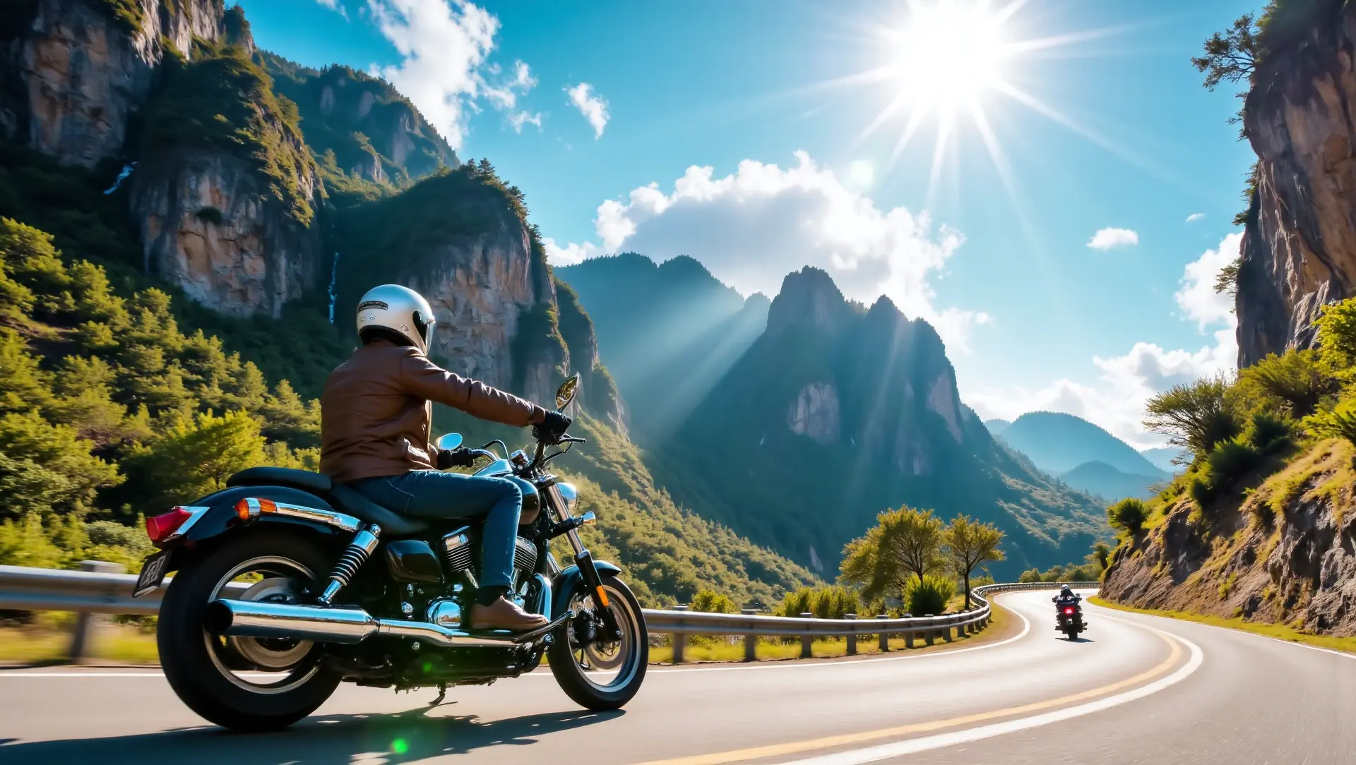 Person riding a motorbike on a scenic mountain road surrounded by karst peaks in Northern Vietnam. 