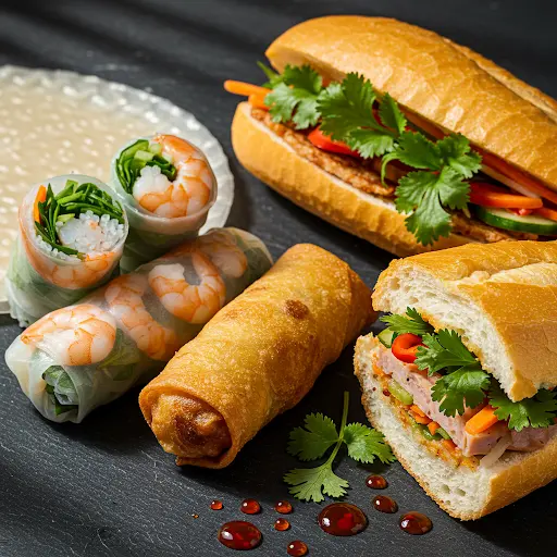 Popular Vietnamese snacks Banh Mi sandwich, fresh spring rolls (Goi Cuon), and fried spring rolls (Cha Gio)