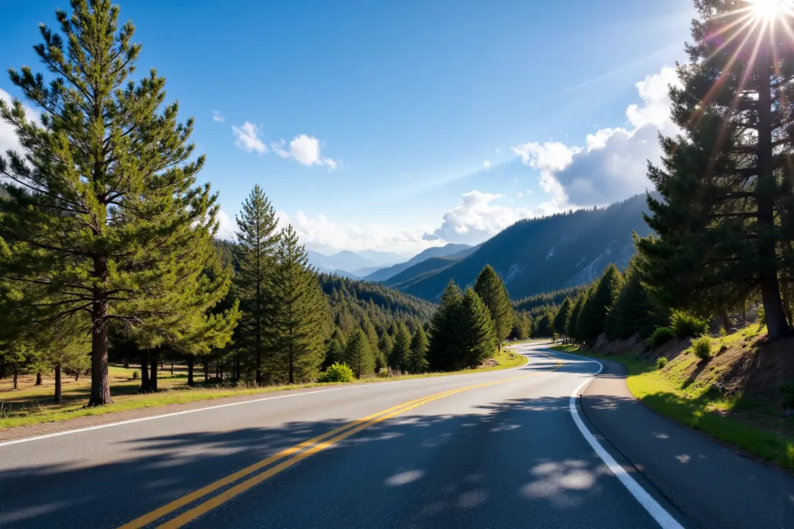 Scenic mountain road winding through pine forests leading towards Da Lat Vietnam in the Central Highlands.