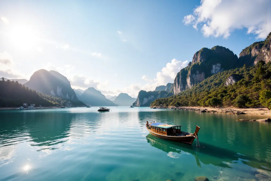 Serene and less crowded waterscape of Bai Tu Long Bay in Vietnam, featuring limestone karsts and calm water.