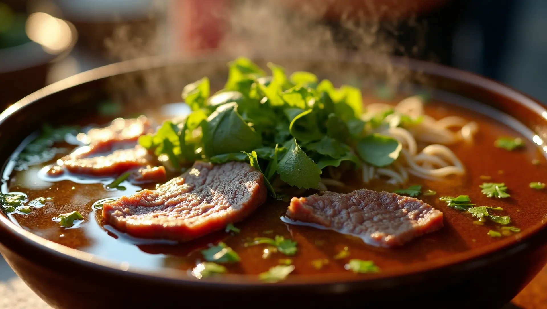 Steaming bowl of Pho noodles at a vibrant Hanoi street food stall, representing an essential Vietnamese cuisine experience during Vietnam travel.