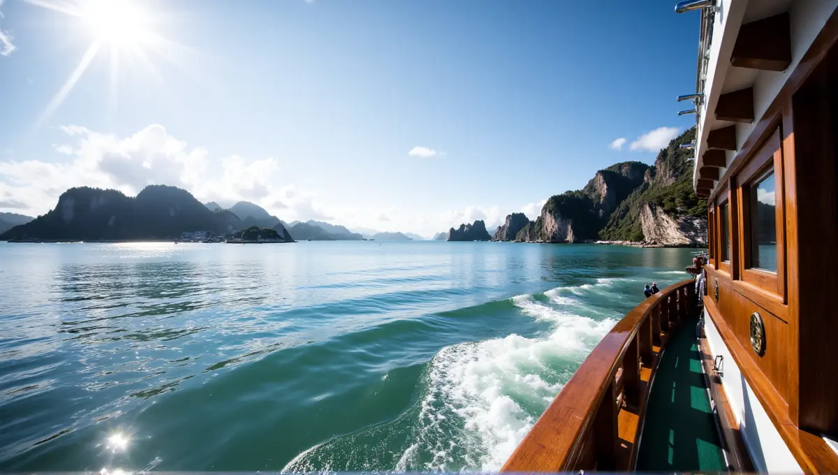 Stunning view of Ha Long Bay's limestone karsts from the deck of a traditional junk boat under bright daylight.