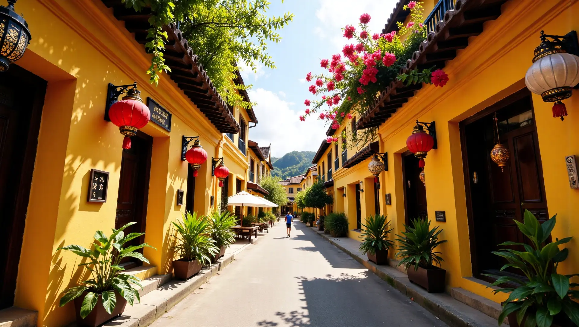 Sunlit street in Hoi An Ancient Town with yellow buildings, lanterns, and blooming flowers, indicating pleasant weather.