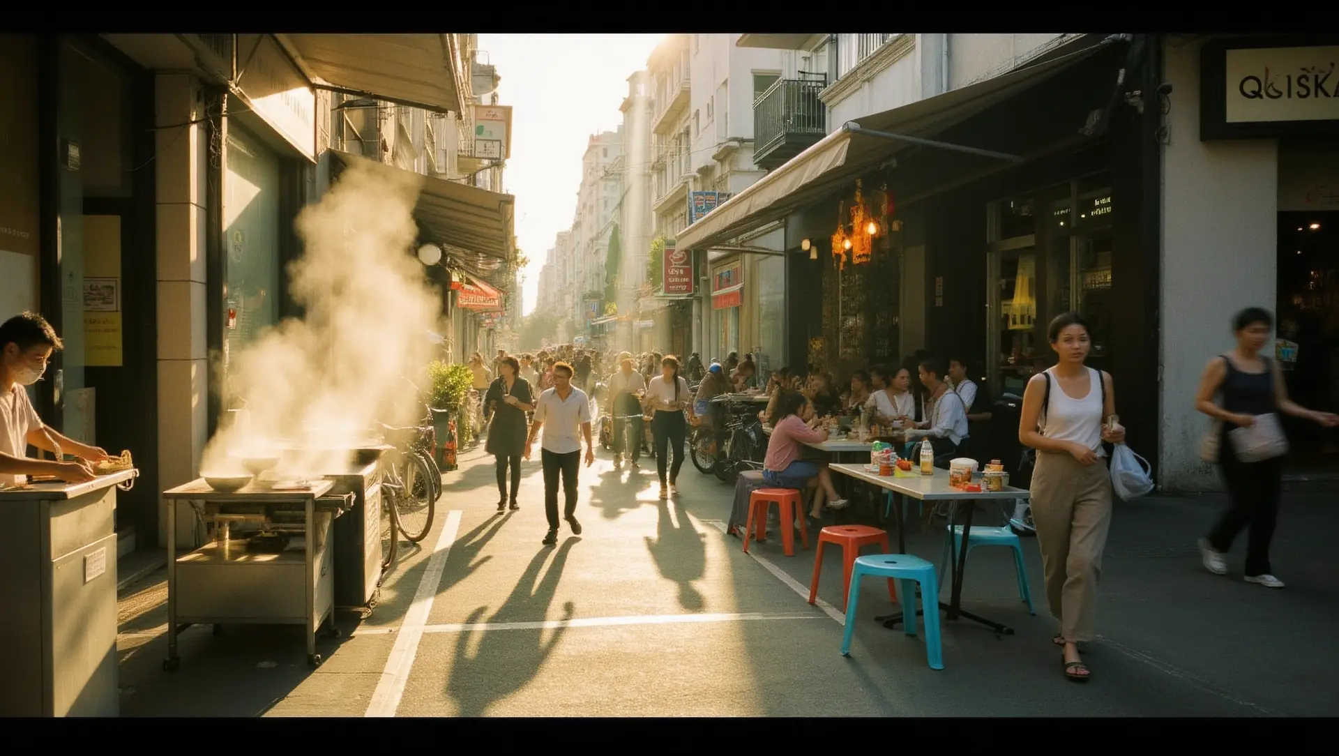Sunny Vietnamese dining street scene with a steaming food vendor cart and people eating at outdoor tables