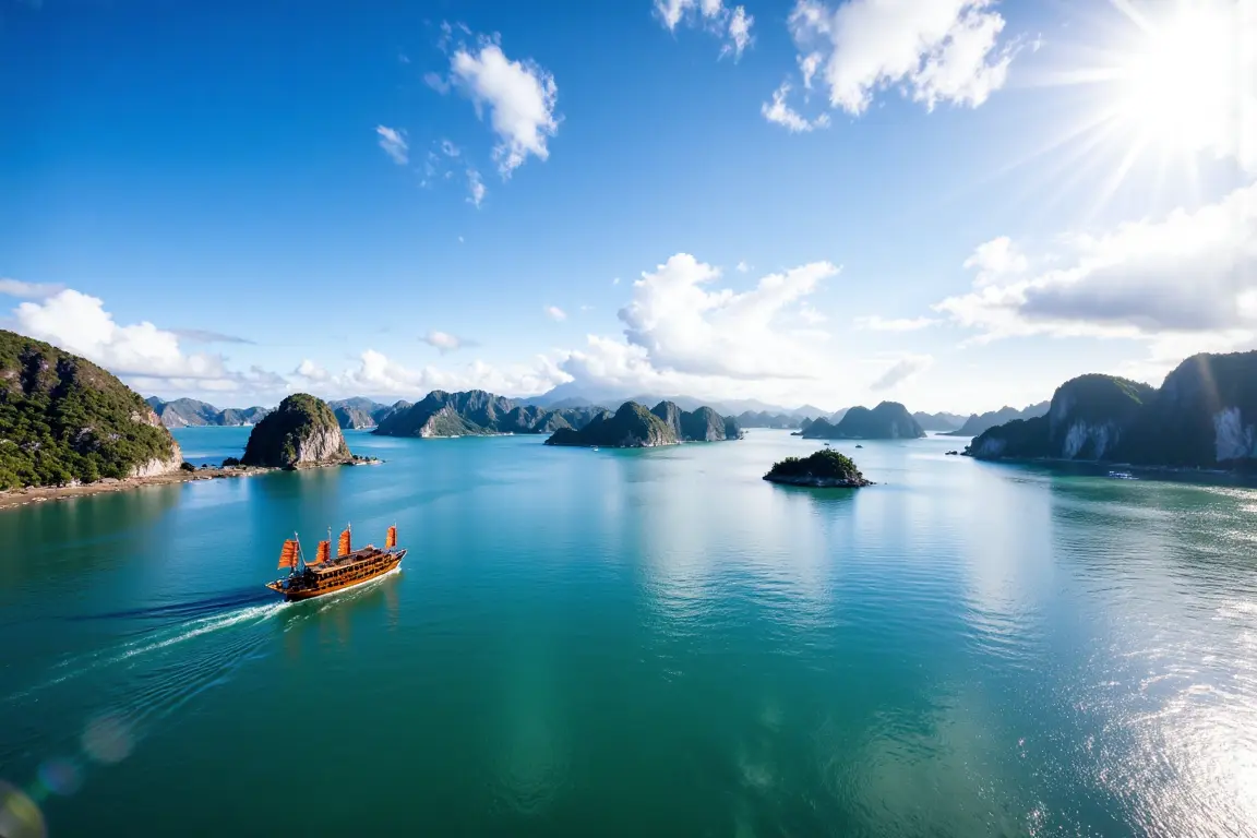 Sunny panoramic view of Ha Long Bay during autumn, showing clear blue skies and numerous karst islets.